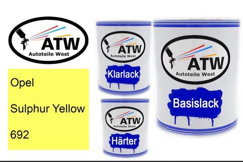 Opel, Sulphur Yellow, 692: 1L Lackdose + 1L Klarlack + 500ml Härter - Set, von ATW Autoteile West.